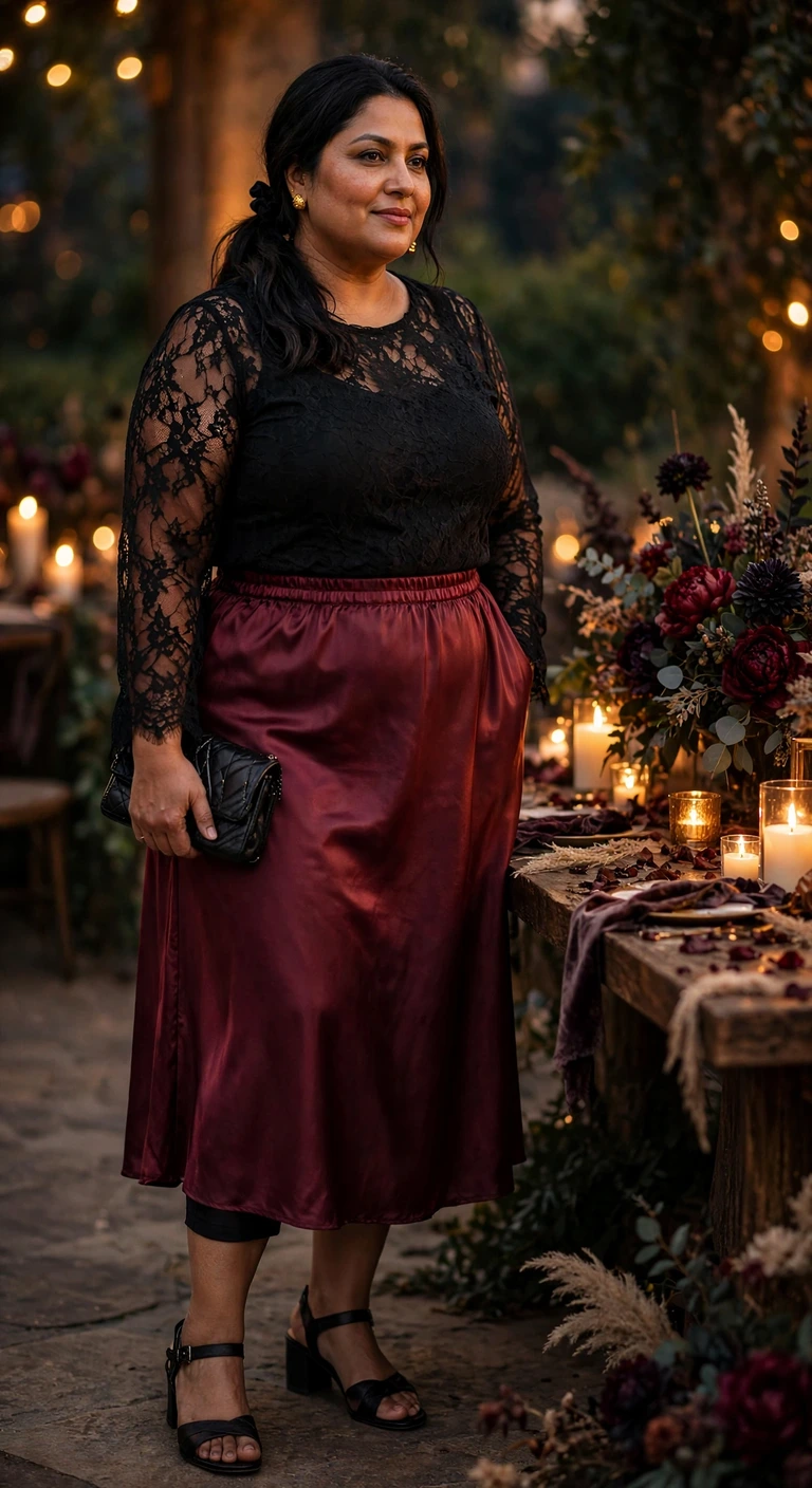 burgundy satin skirt with a black lace top