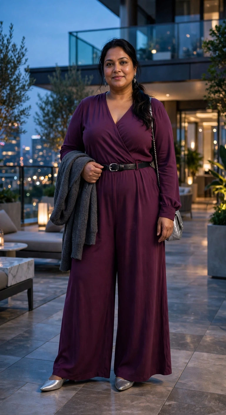 plum wide leg jumpsuit with silver flats