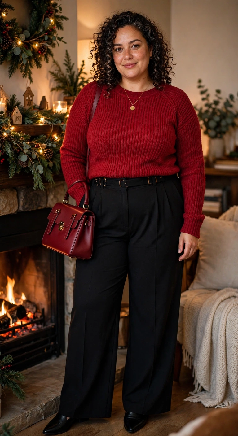 black wide-leg trousers with a ruby knit top