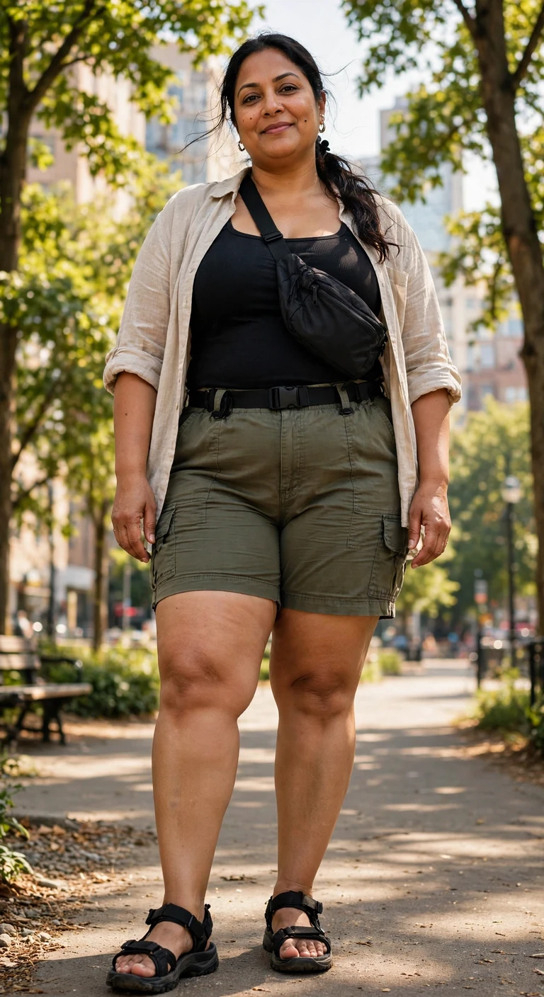 black square neck top and olive cargo shorts