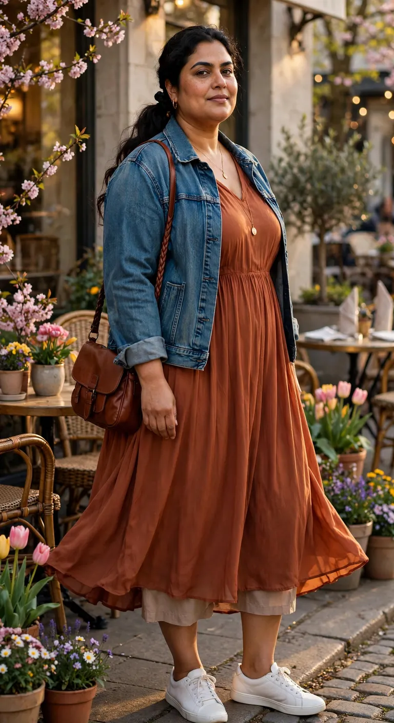 rust midi dress and denim jacket for cool mornings