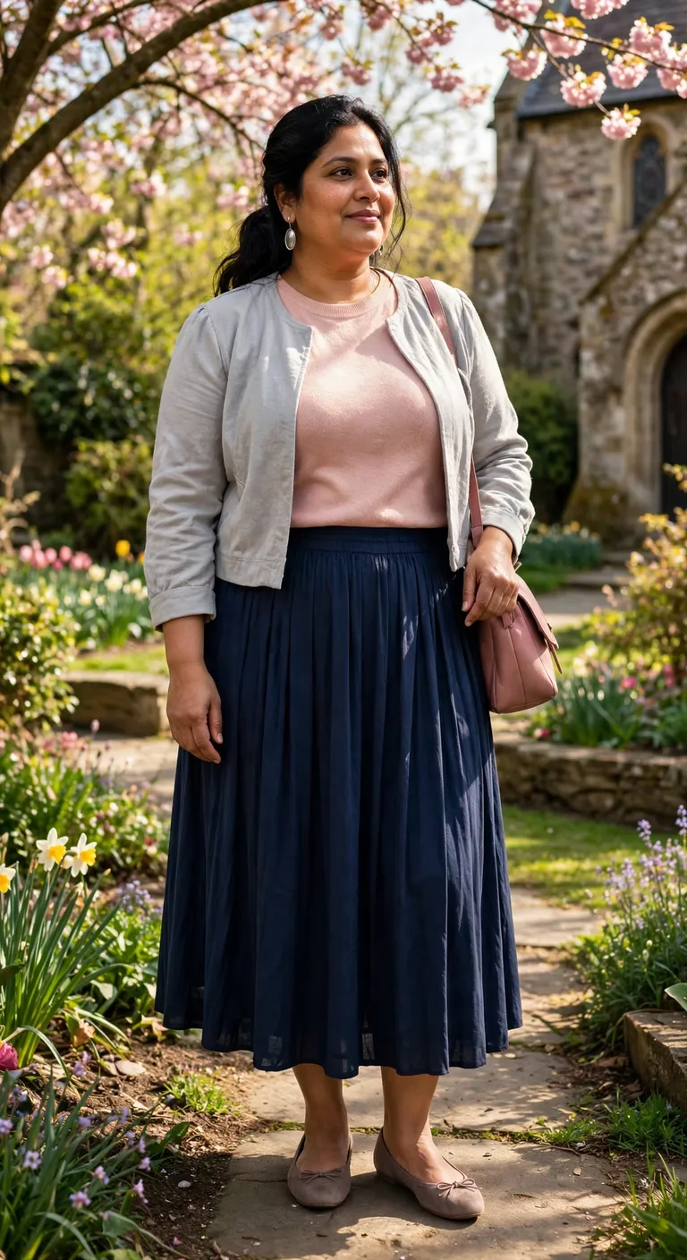 navy pleated skirt with a blush knit top