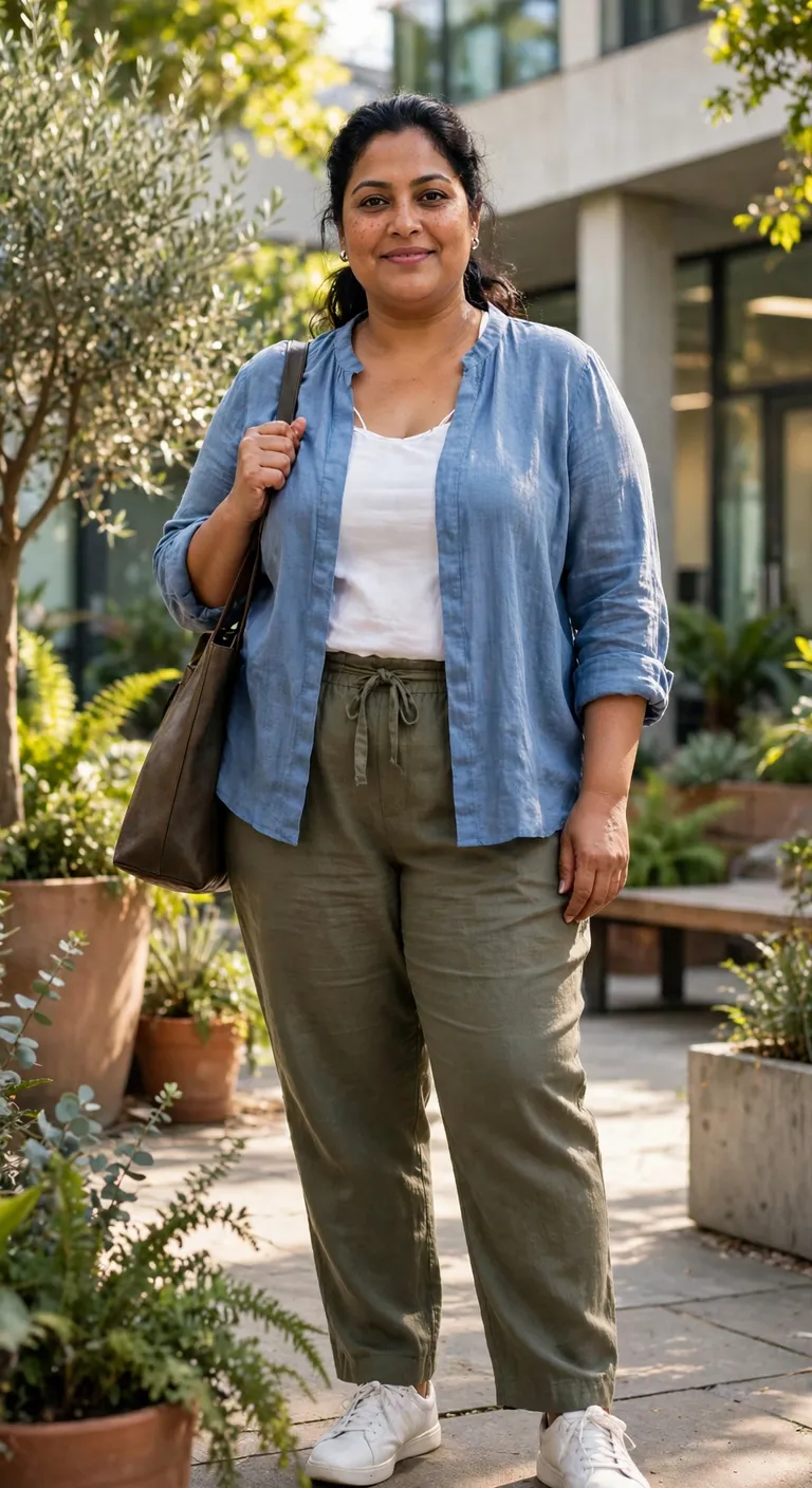 powder blue blouse with olive linen trousers