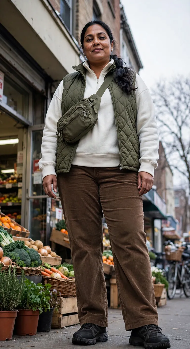 quilted olive vest and corduroy pants for errands