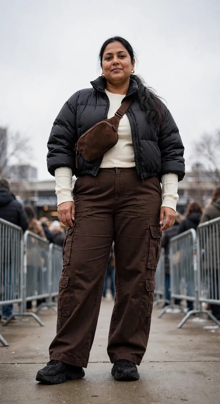 espresso cargo pants with a cropped puffer