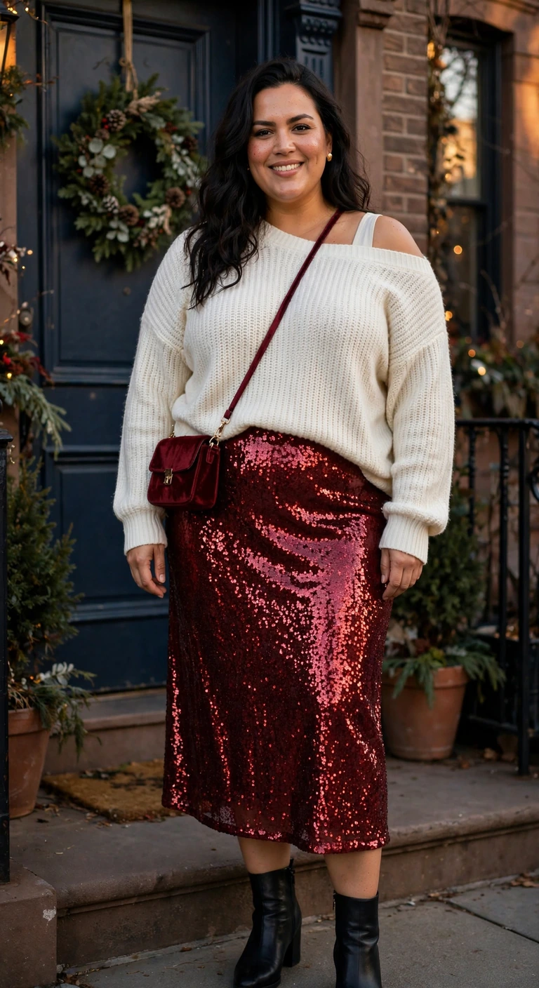sequin midi skirt, ivory sweater and ankle boots
