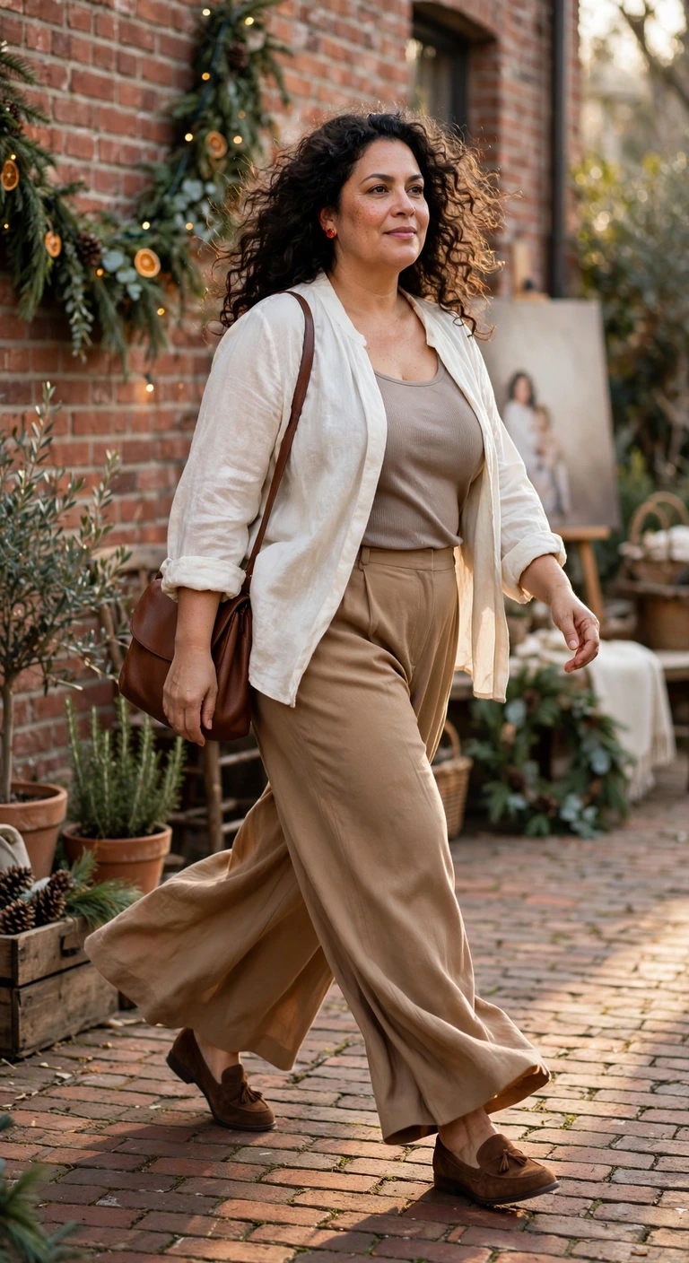 camel trousers and an ivory blouse