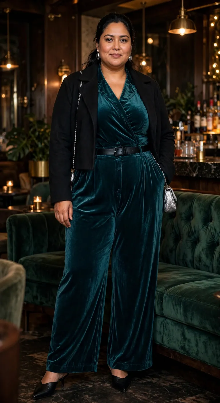 velvet jumpsuit and cropped coat for cocktail bars