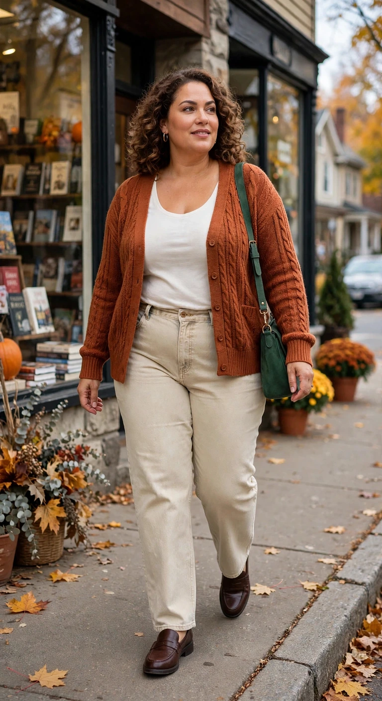 rust cardigan with ecru jeans and brown loafers