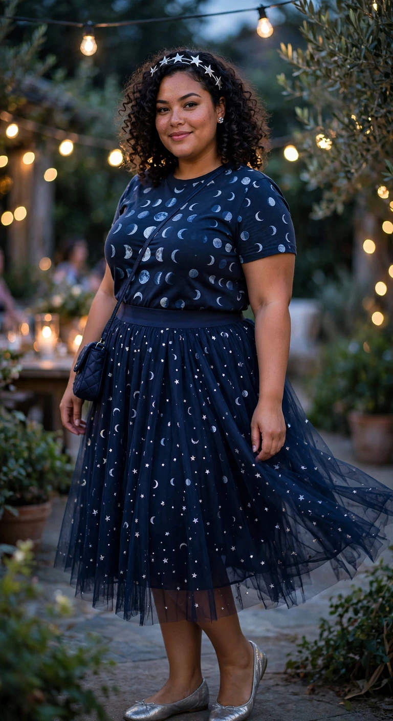 starry tulle skirt, moon tee and silver flats