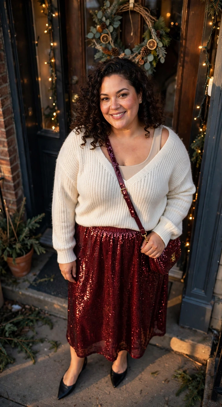 garnet sequin midi skirt, ivory sweater and flats