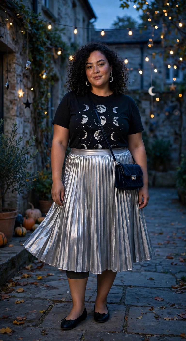 moon print tee with a silver pleated skirt