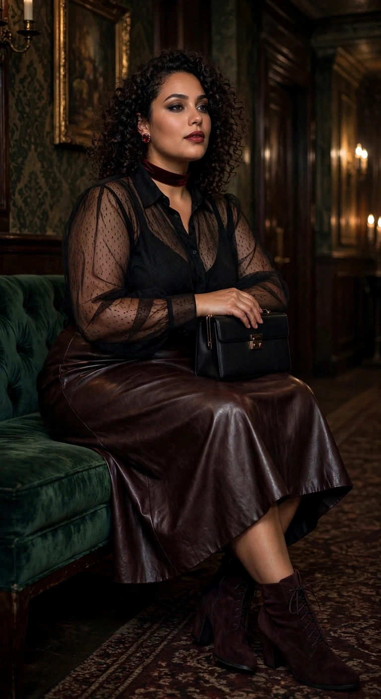 oxblood faux-leather skirt with a sheer vampire blouse
