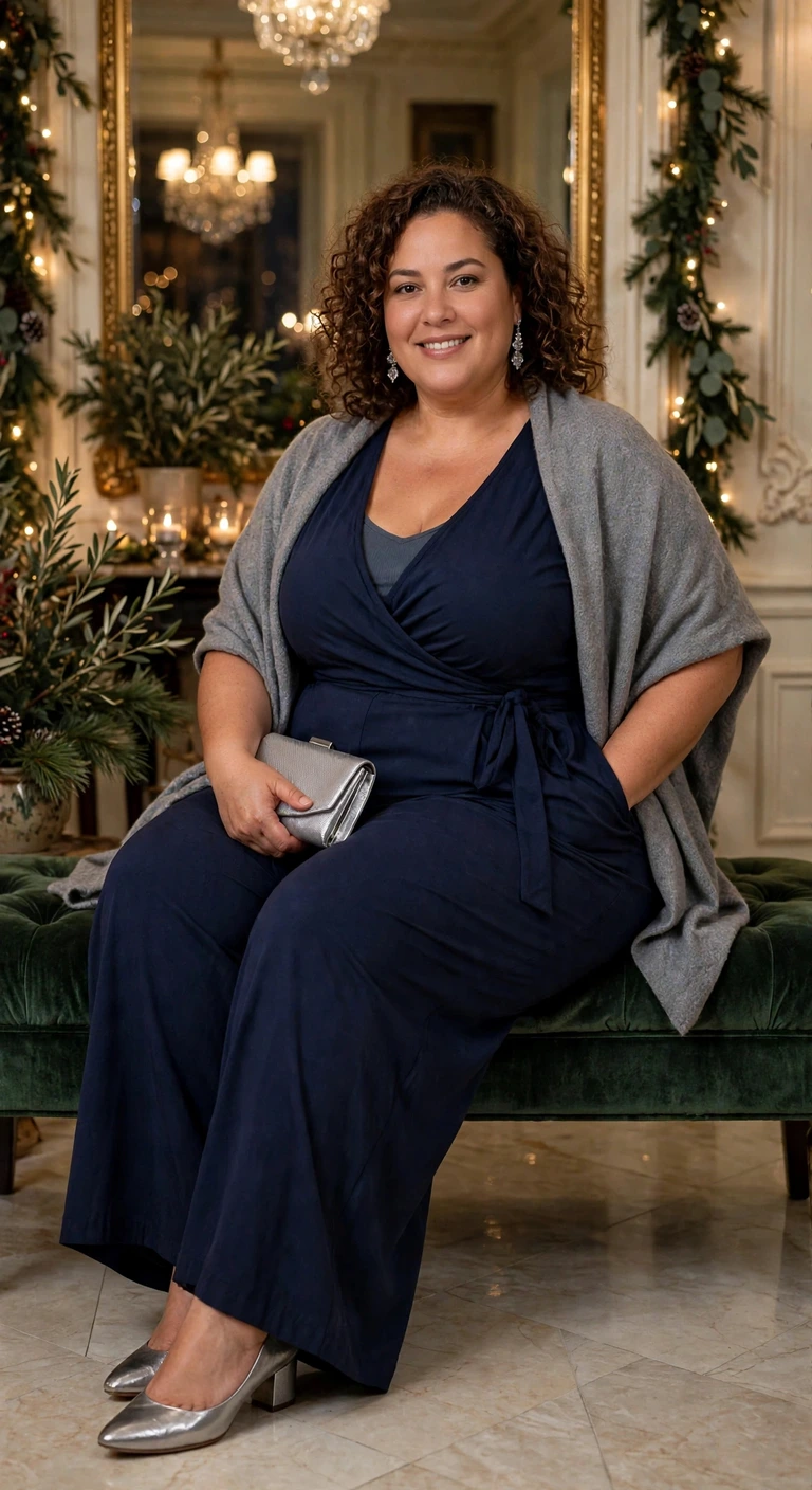 navy wrap jumpsuit with silver accessories