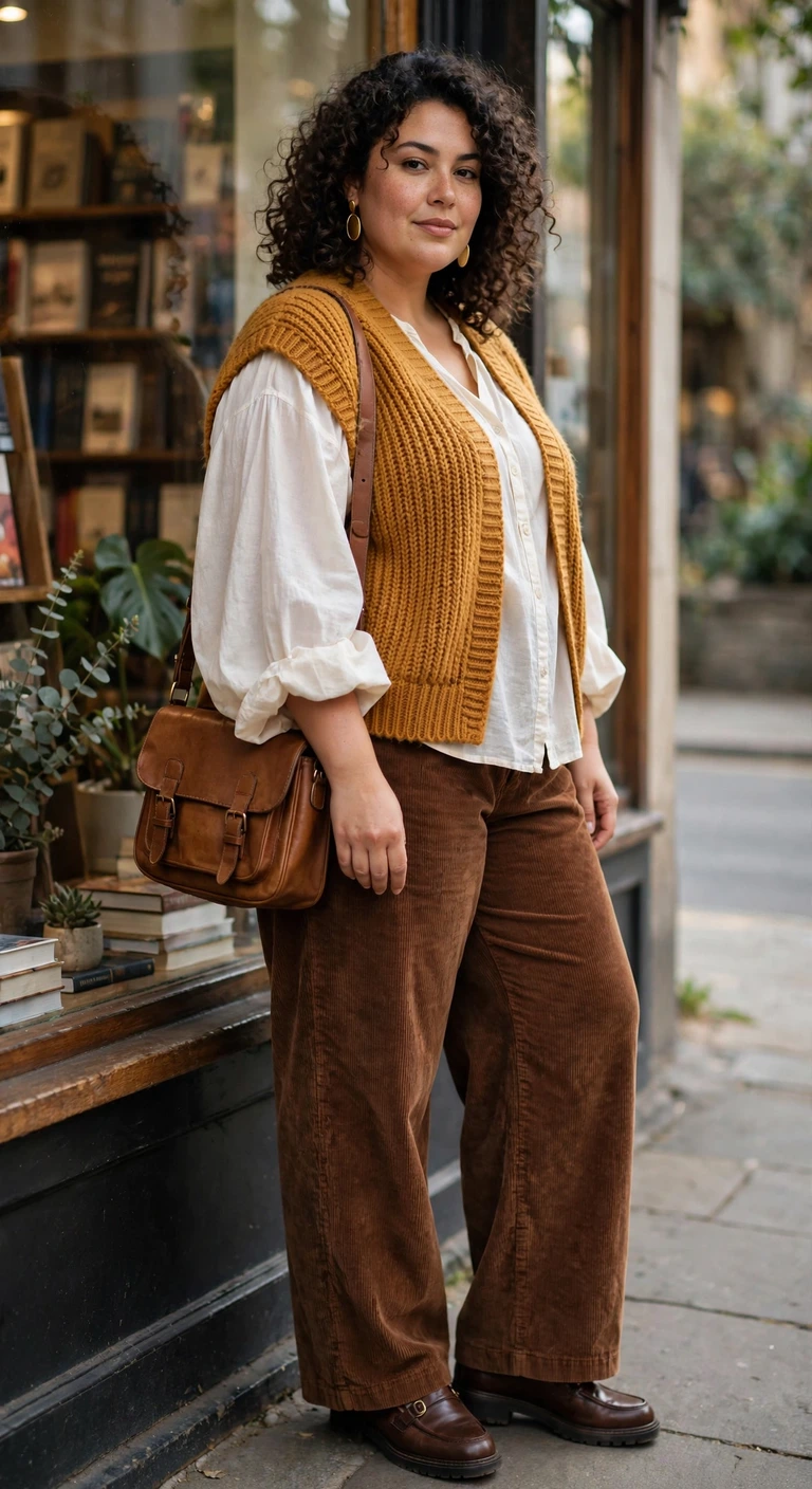 ochre knit vest, ivory blouse and cocoa corduroy pants