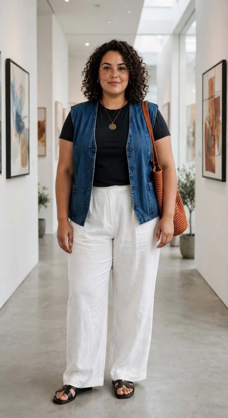 indigo denim vest with white wide-leg trousers