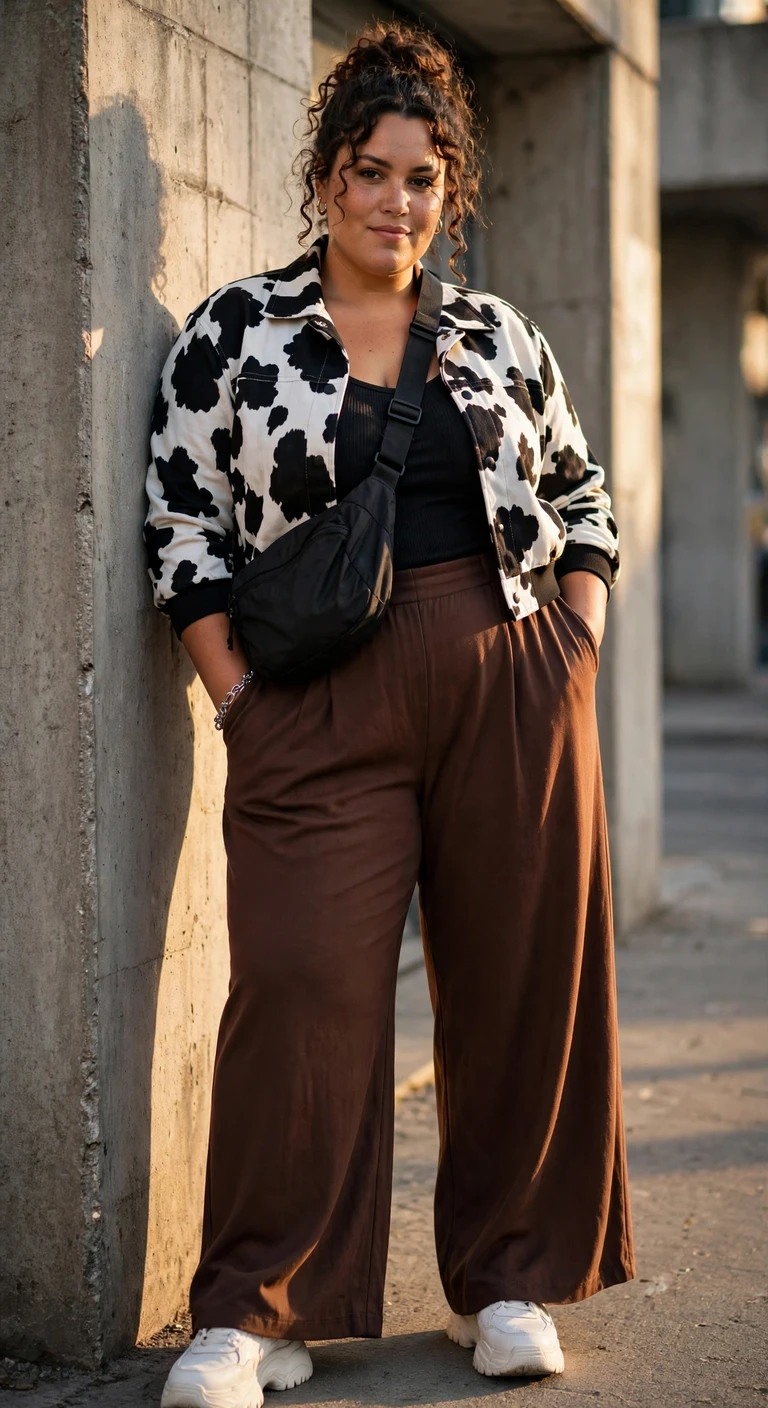 cow print jacket and chocolate wide-leg pants