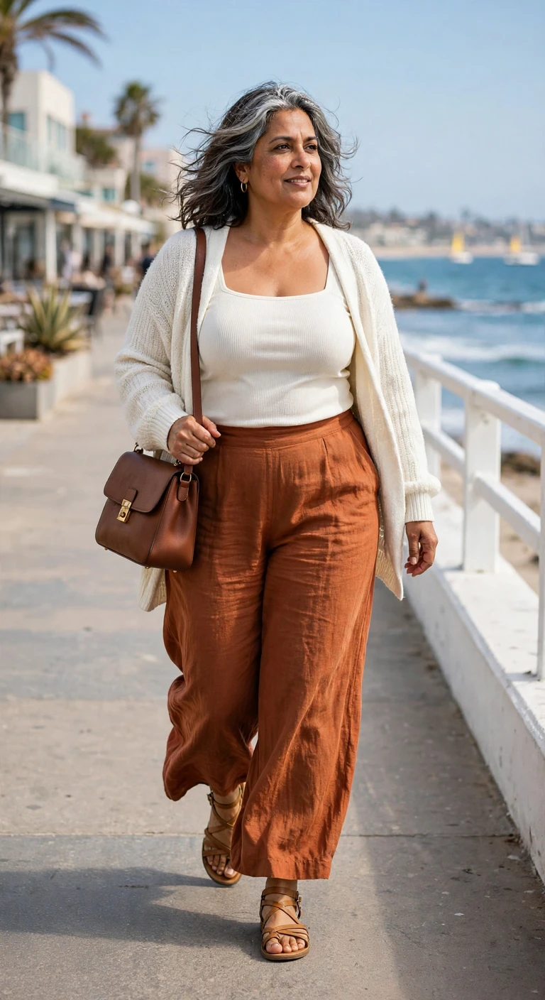 ivory sleeveless blouse with navy relaxed trousers