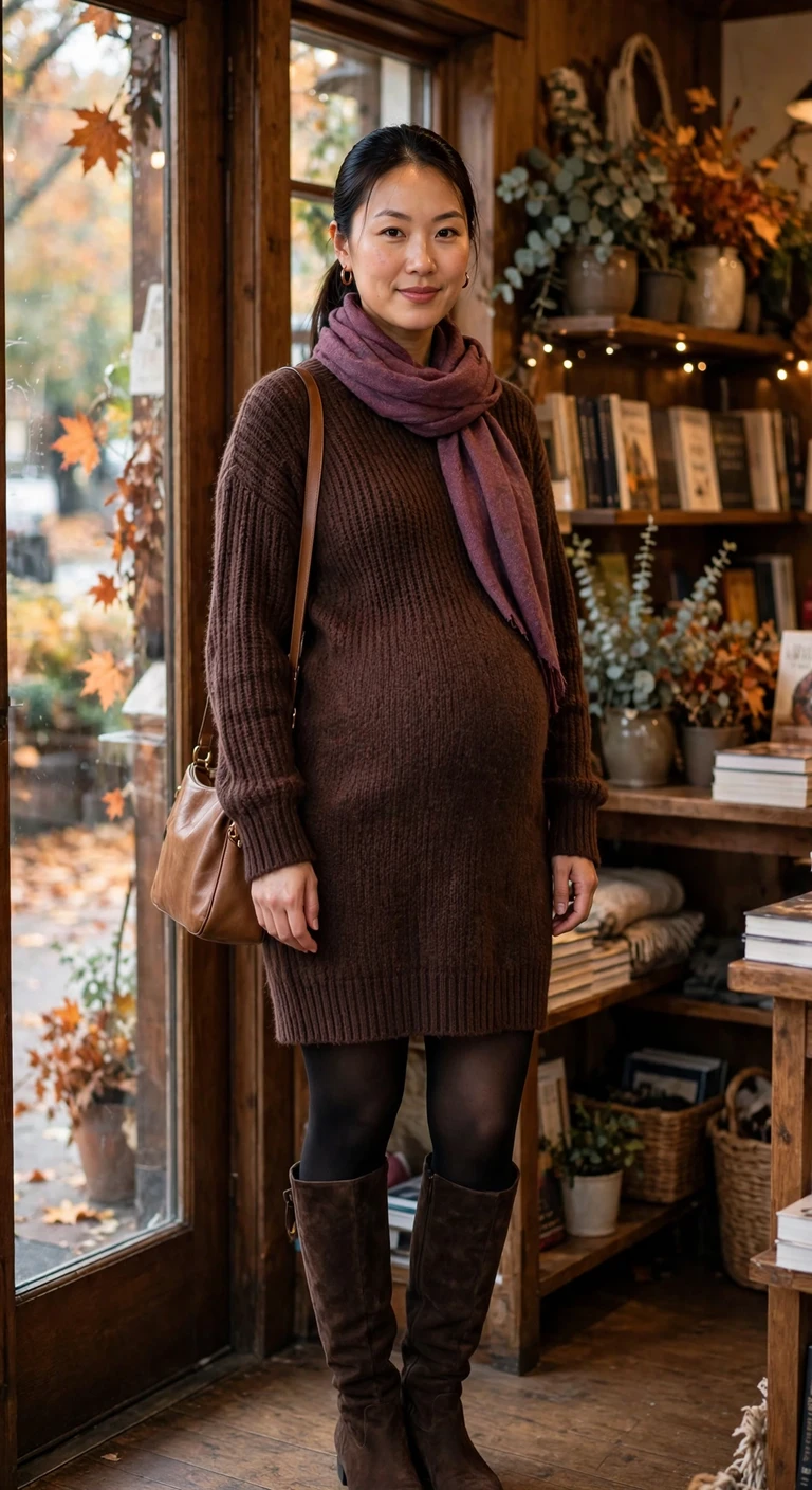 cream turtleneck beneath olive maternity overalls
