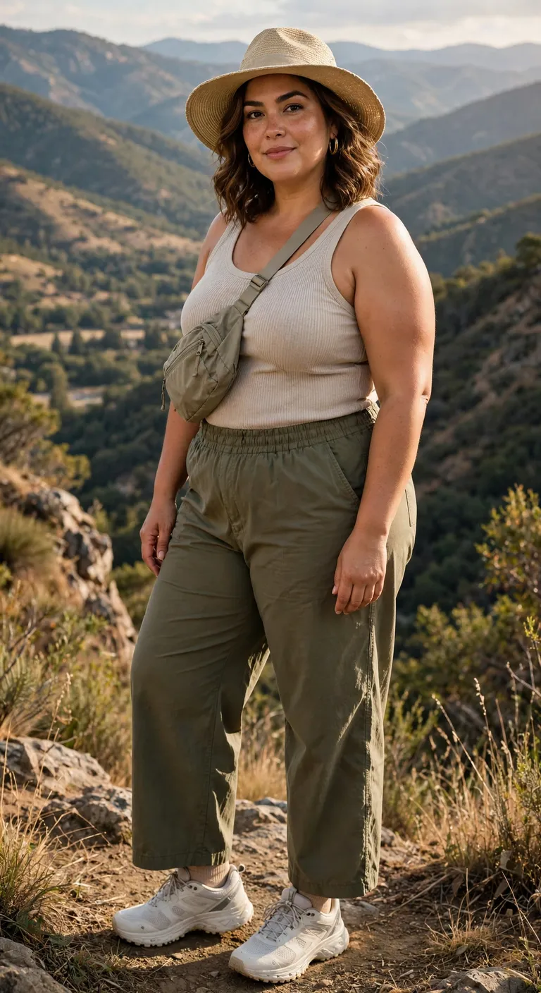 tan cargo hiking pants with a soft blue tee