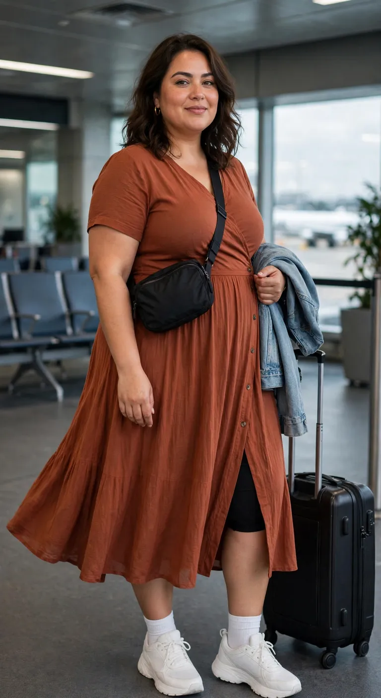 rust midi dress with white sneakers