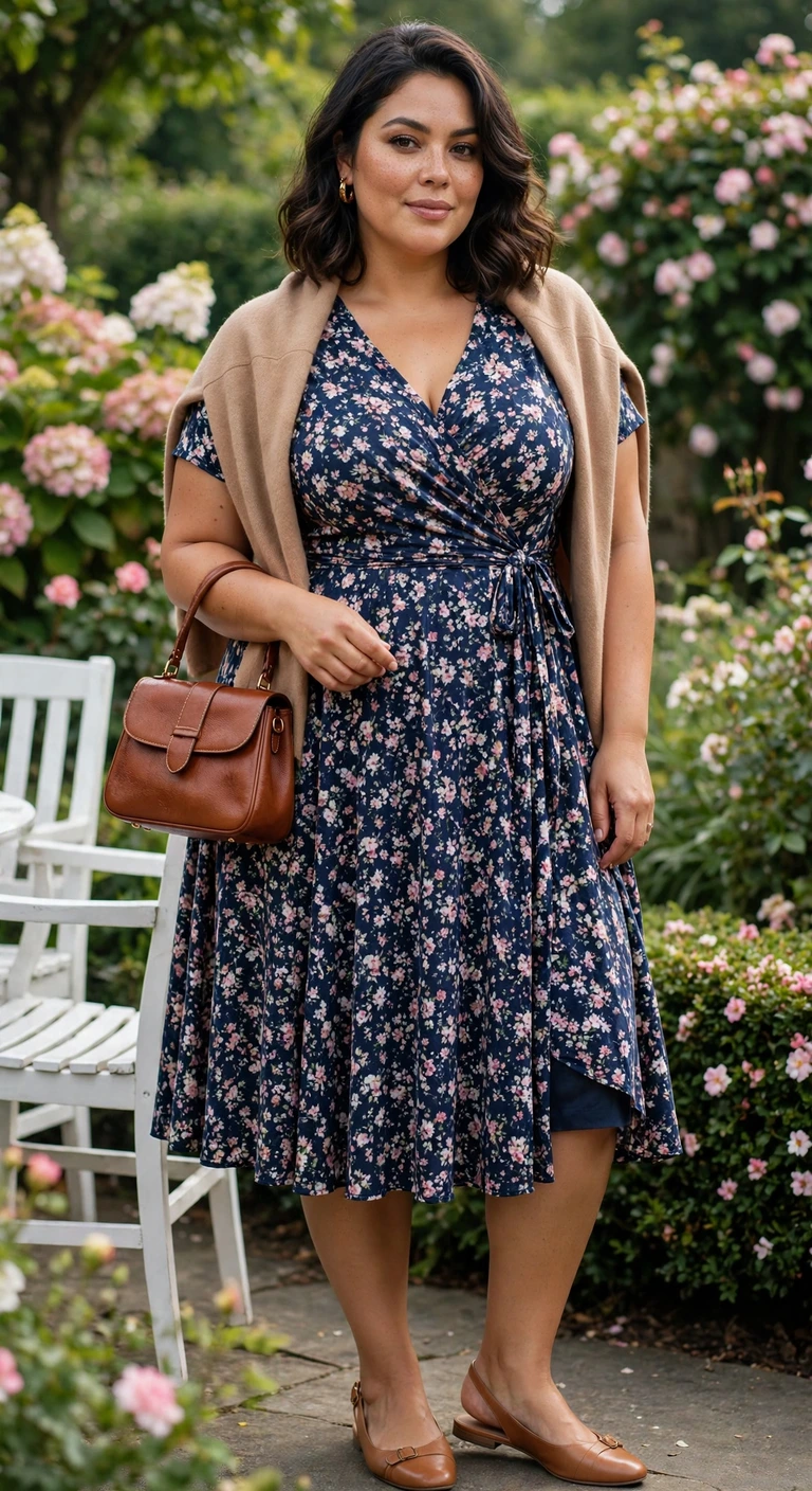 navy floral tea dress with tan slingbacks