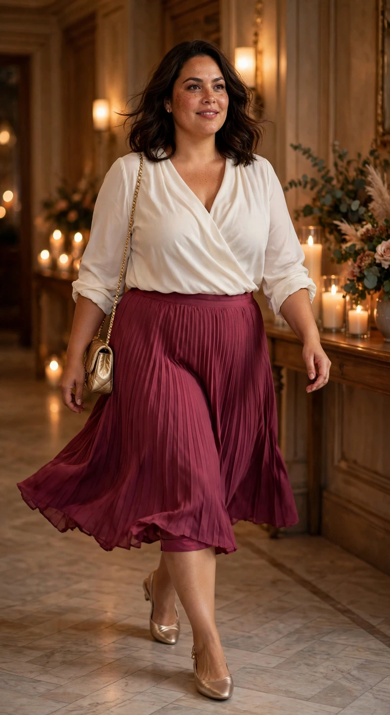 berry pleated skirt and ivory draped blouse