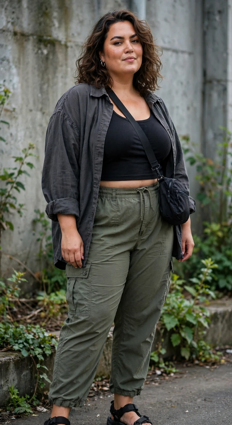 olive cargo pants with a cropped black tank