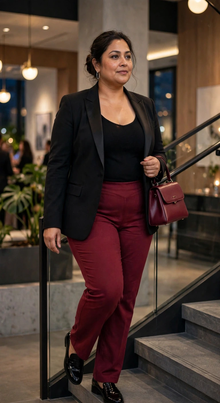 black tuxedo blazer with cranberry straight-leg pants