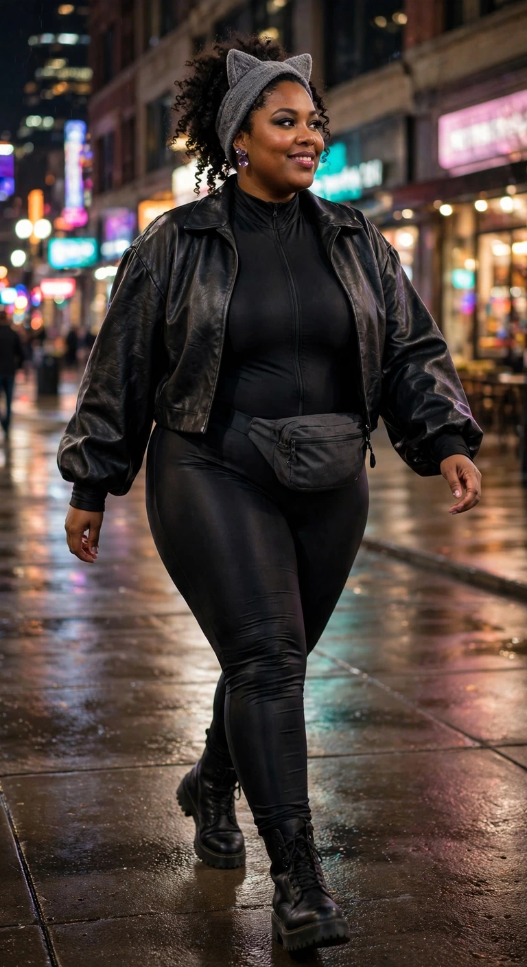 black catsuit with a cropped faux-leather jacket