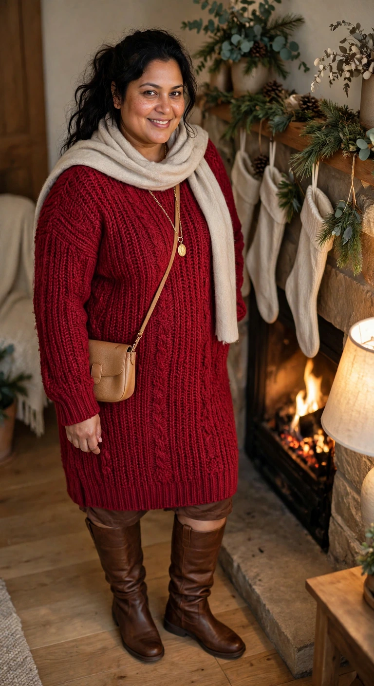 cranberry sweater dress with tall brown boots