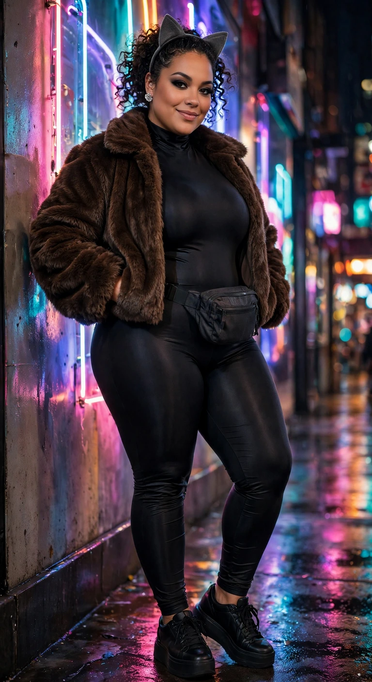 onyx catsuit with a cropped faux-fur jacket