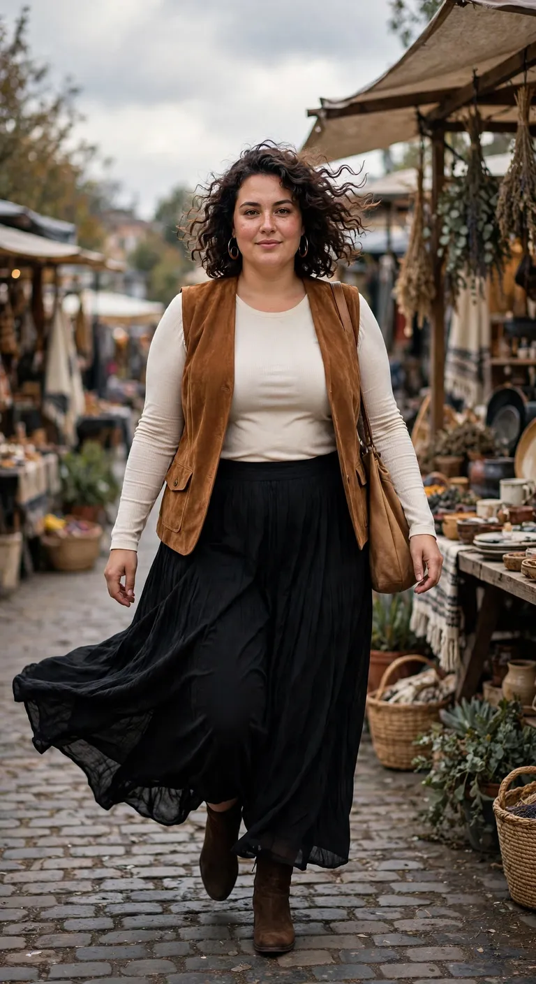 cinnamon suede vest over a black maxi skirt