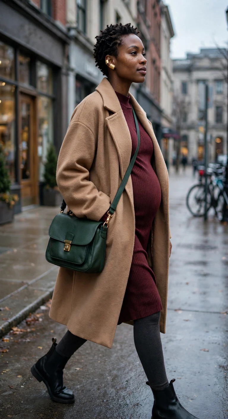 burgundy poncho over black maternity leggings