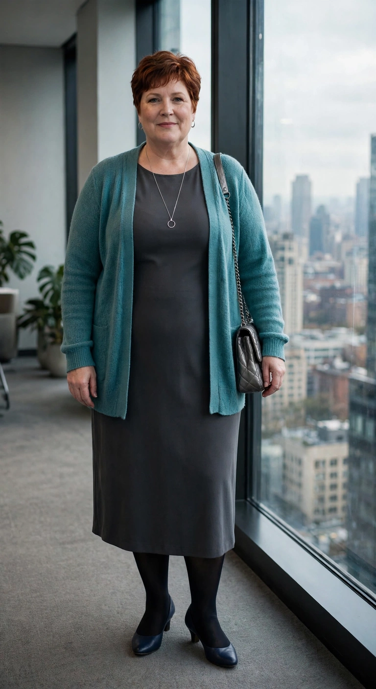 soft teal cardigan over a charcoal column dress