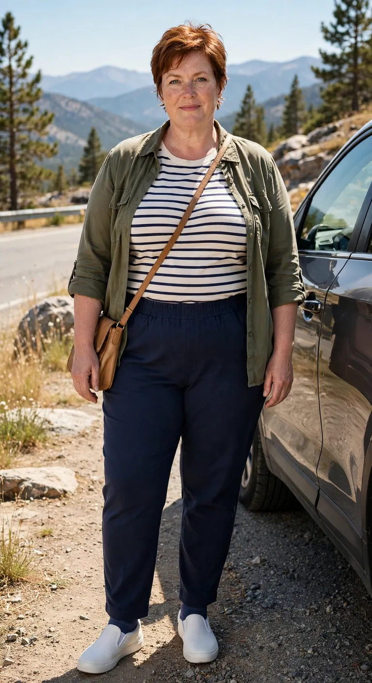 navy pull-on pants with a striped tee