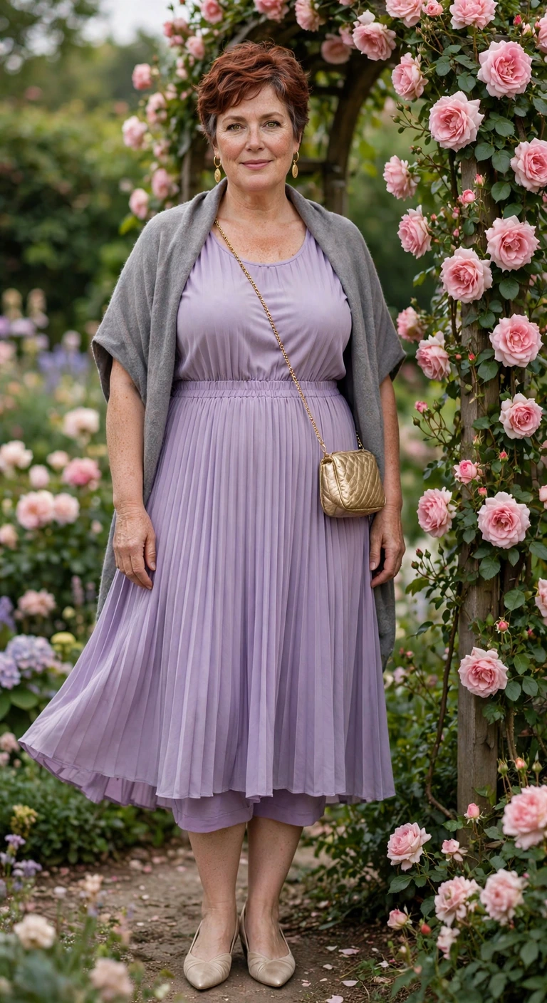 lavender pleated midi with champagne flats