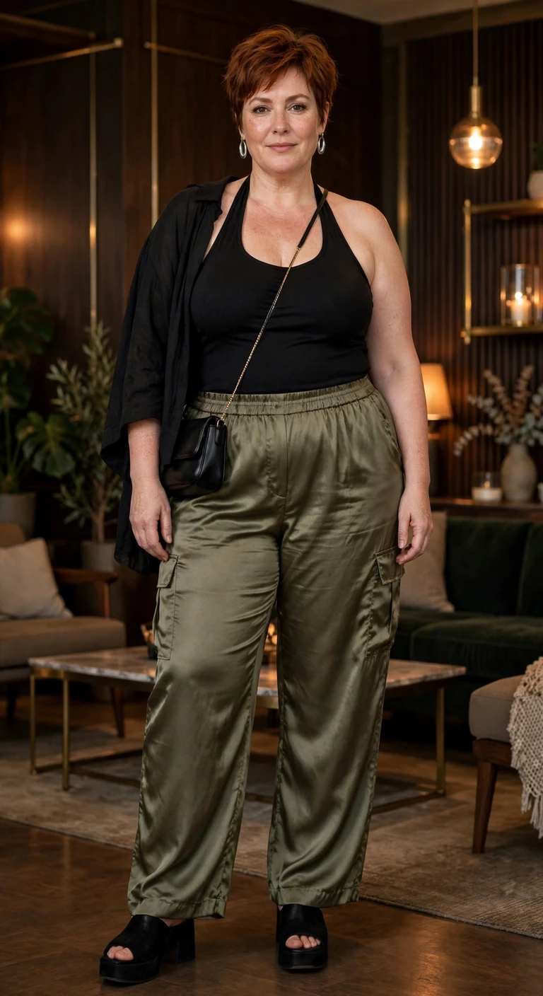olive satin cargo pants with a black halter top
