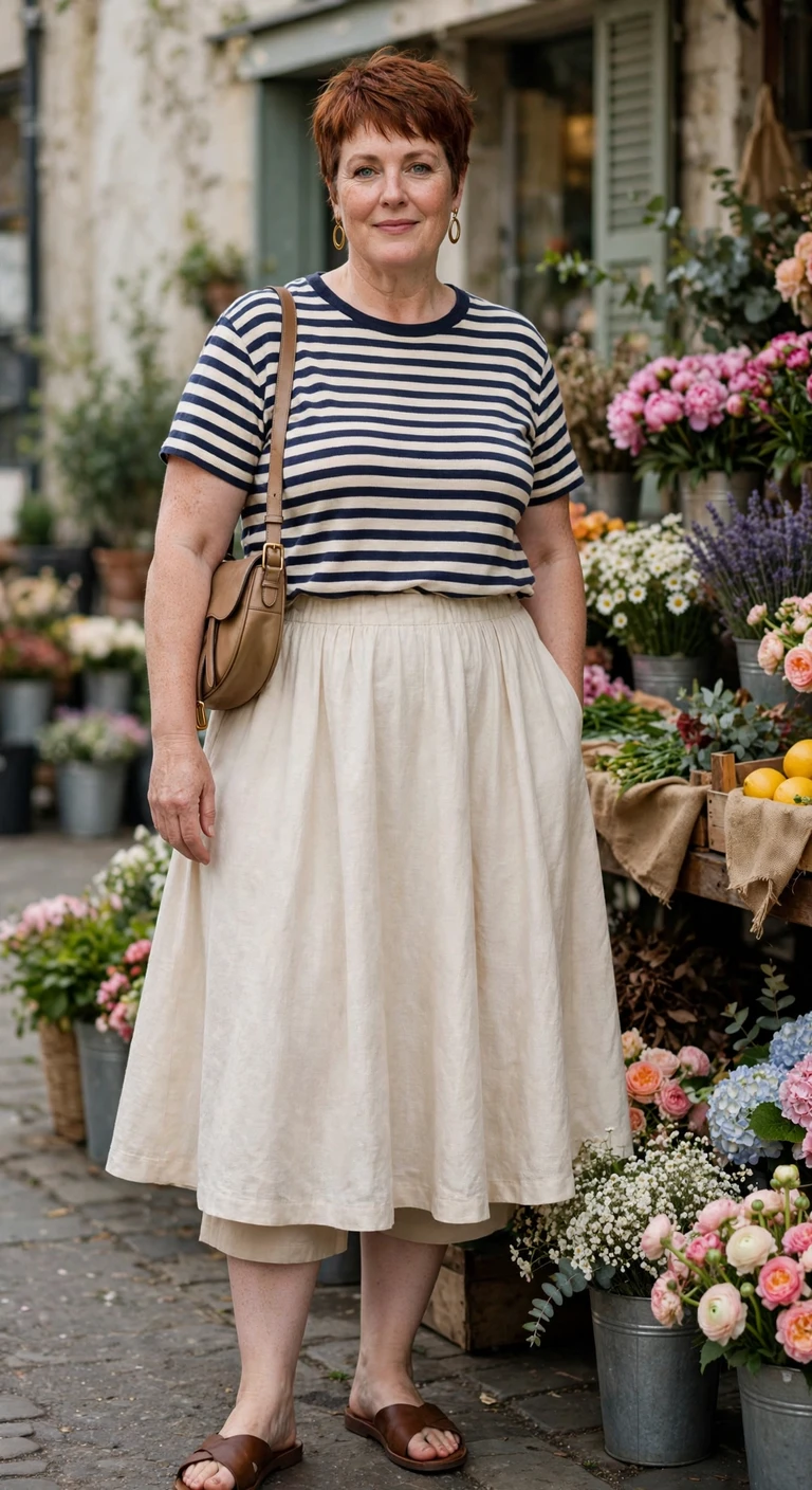 striped knit tee, ecru a line skirt and sandals