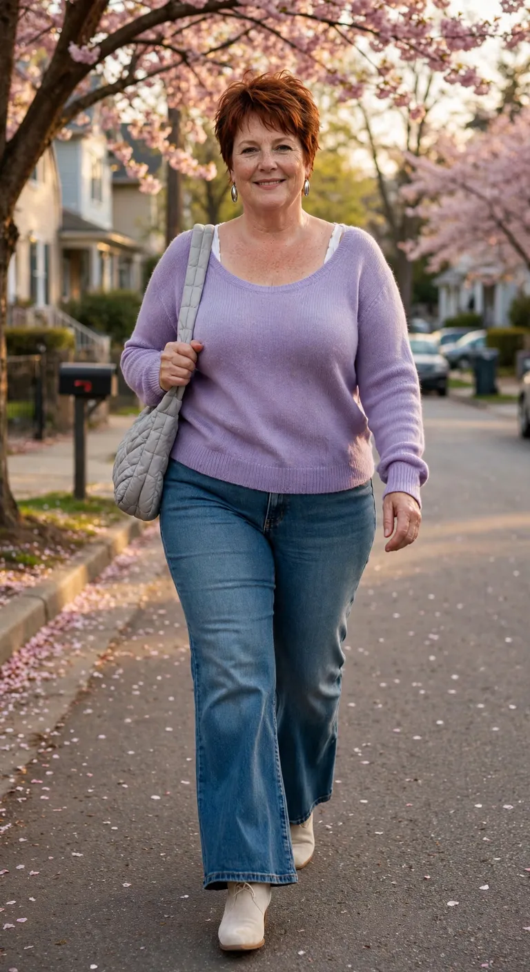 lavender knit top with medium wash flare jeans