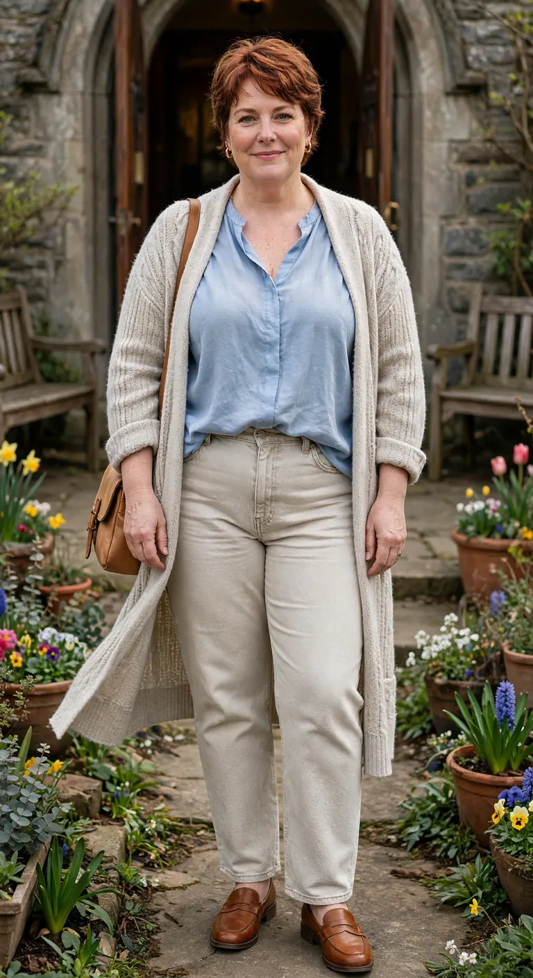 ecru jeans with a powder blue blouse