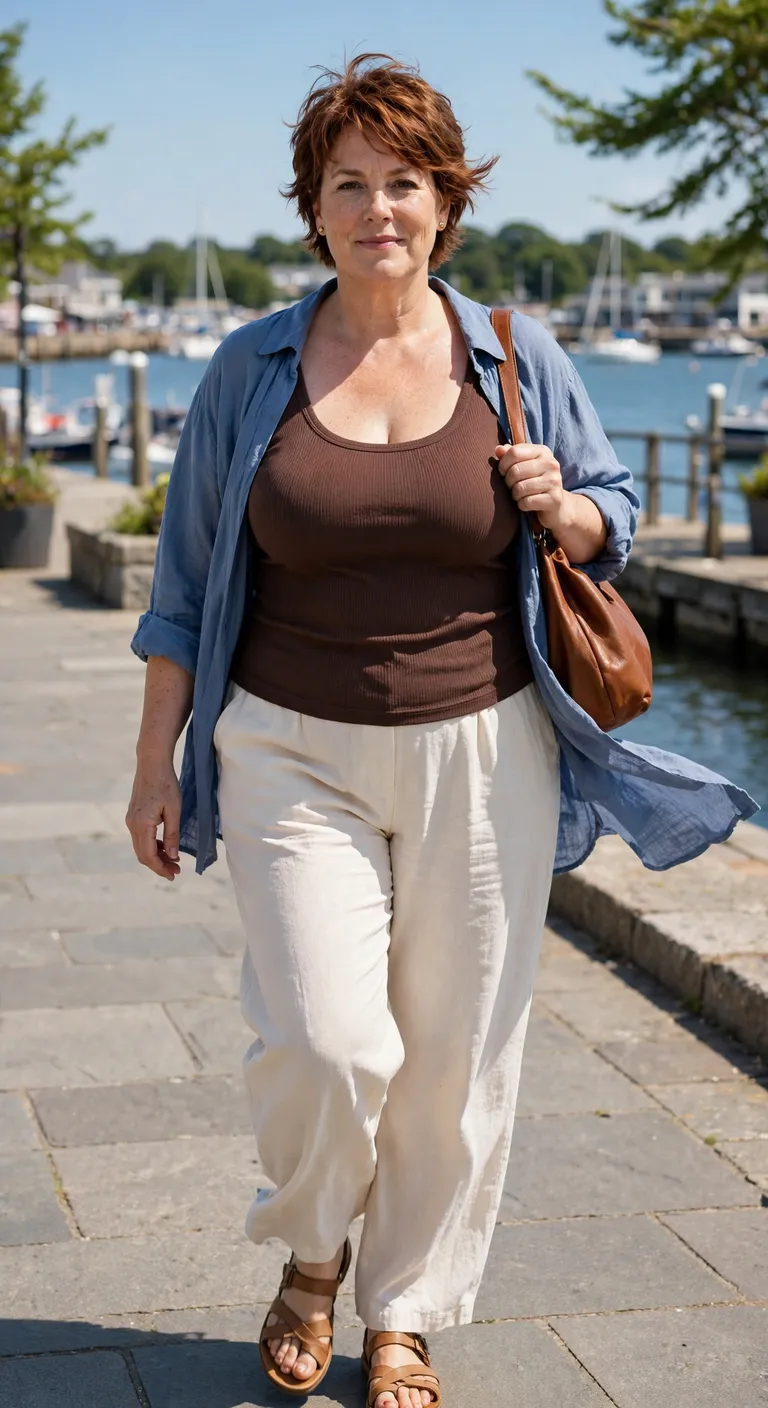 chocolate ribbed tank with cream relaxed trousers