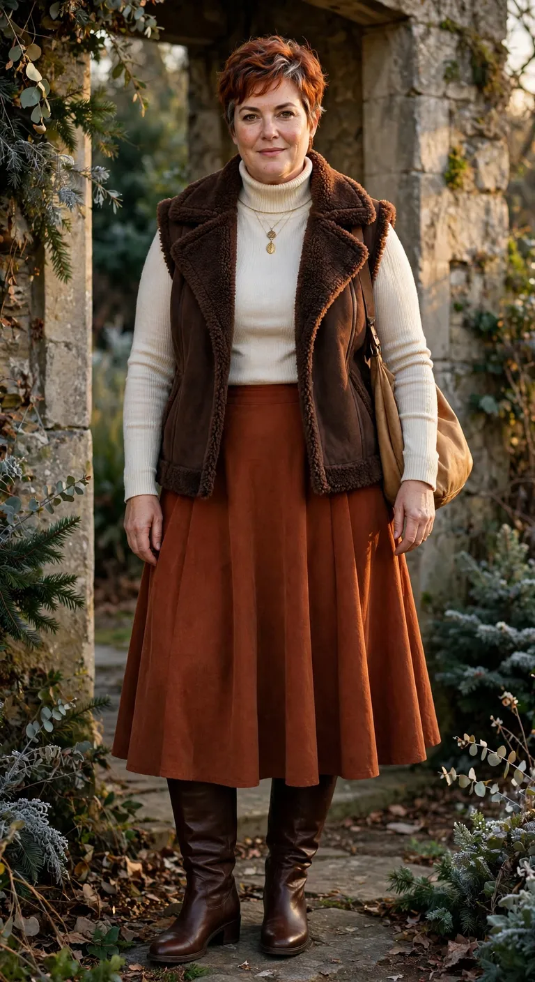 chocolate faux shearling vest with rust midi skirt