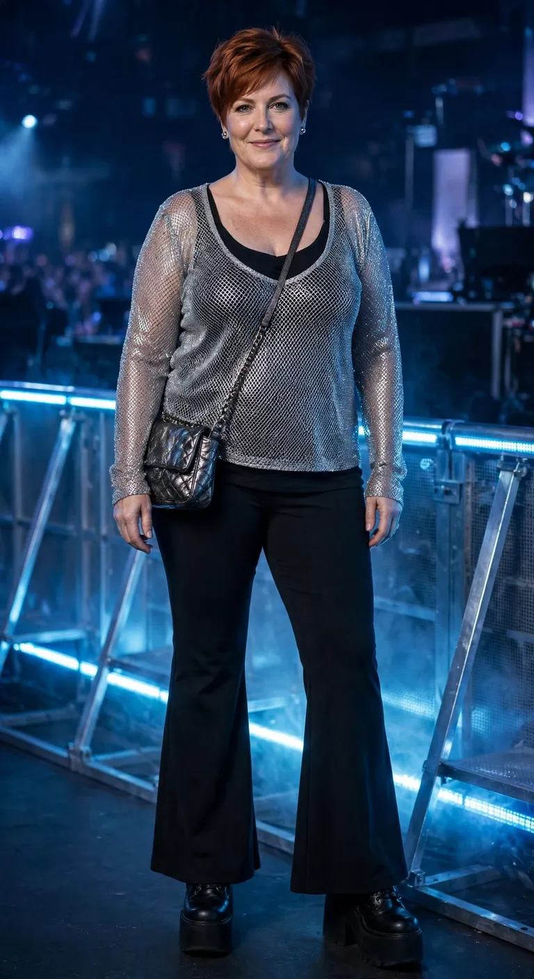 silver mesh top with black ponte flares