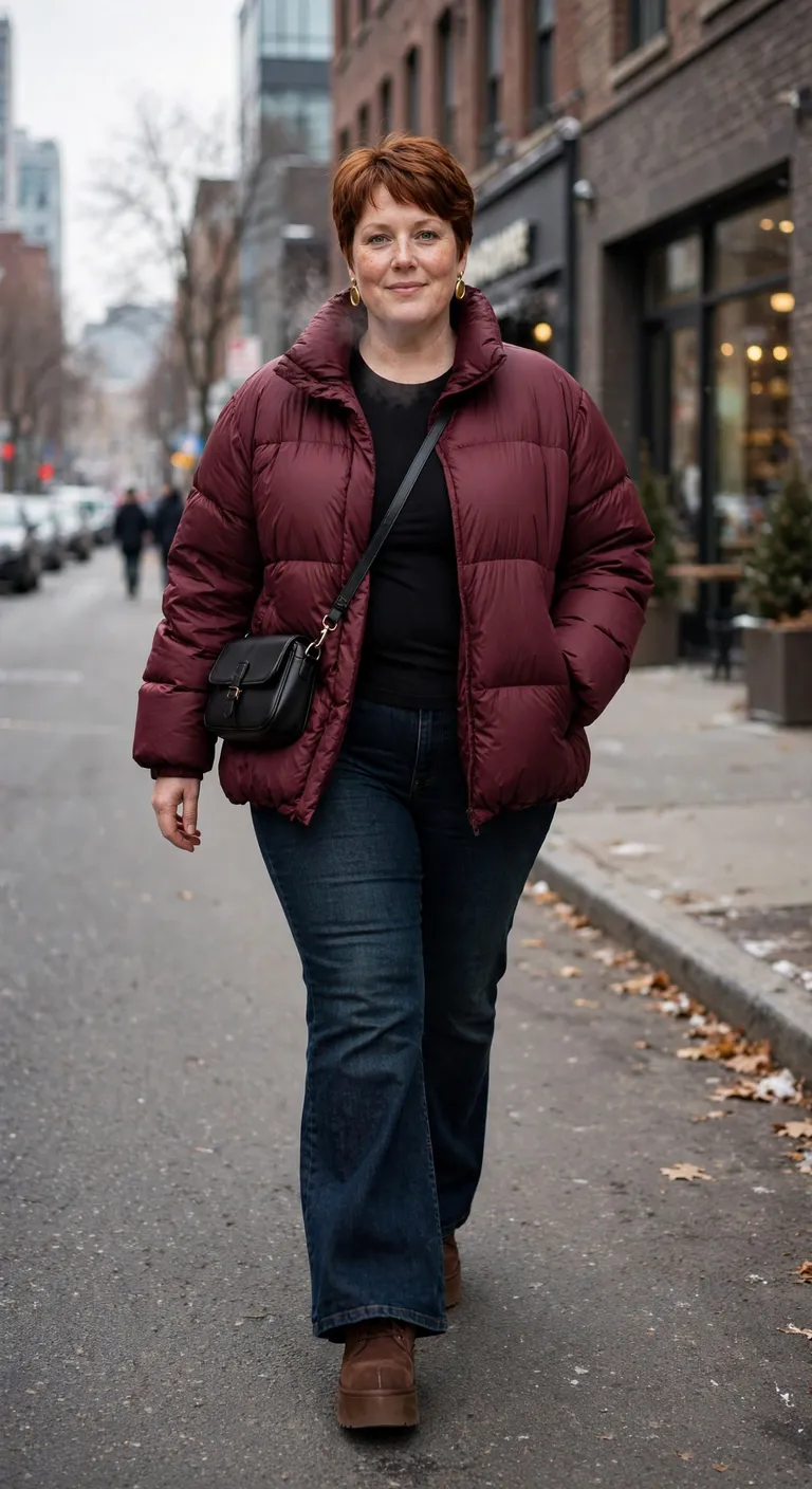 burgundy puffer and dark wash flare jeans