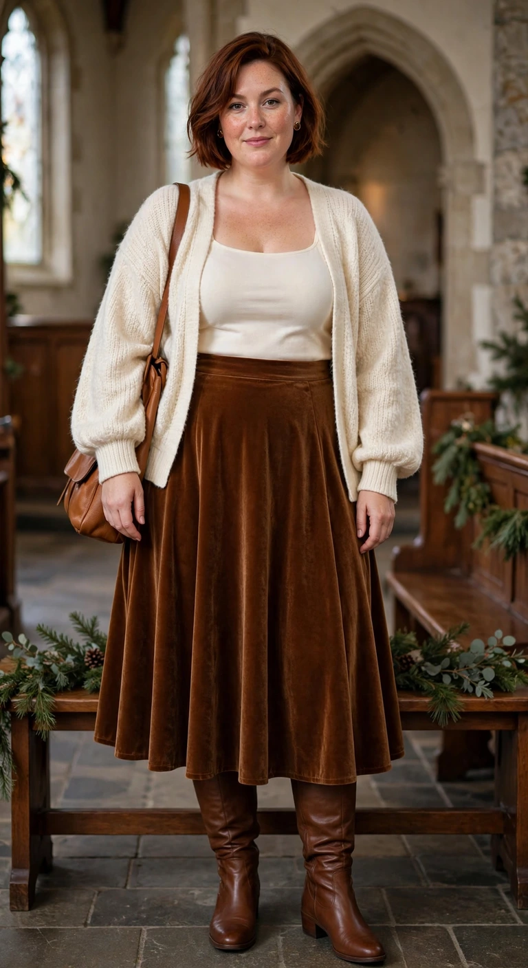 velvet a-line skirt with a cream cardigan