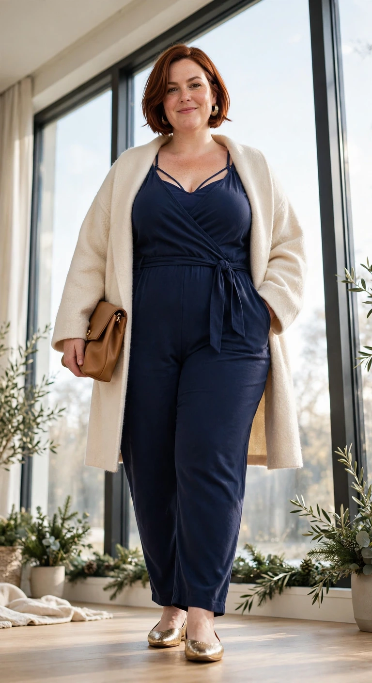 navy jumpsuit with warm gold accessories