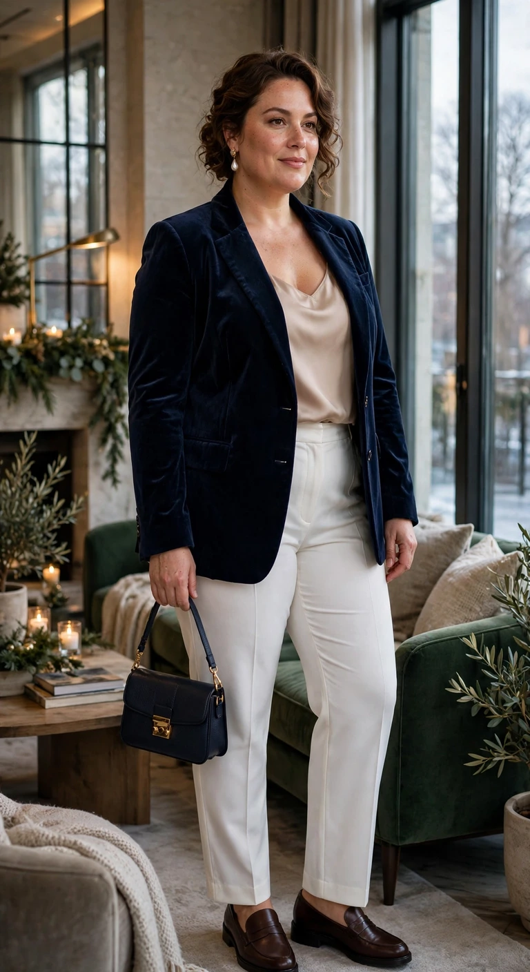 navy velvet blazer with winter white trousers