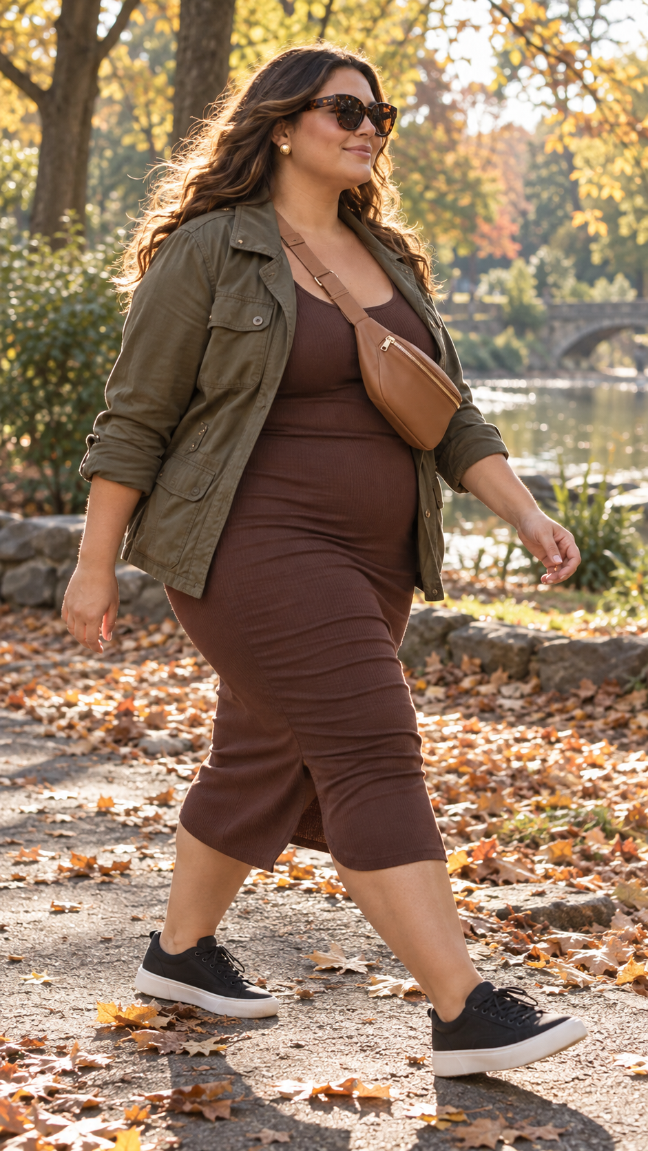 olive utility jacket over cocoa bodycon midi