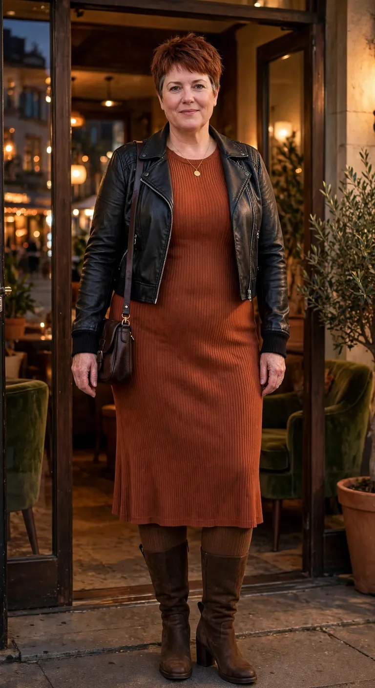ribbed knit dress with espresso knee boots